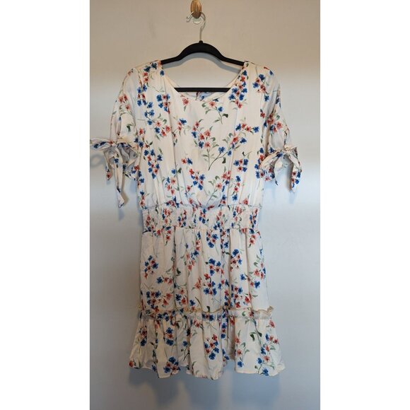 Saltwater Luxe Floral Print Smocked Waist Mini Dress With Tie Sleeves & Back L - Picture 1 of 5